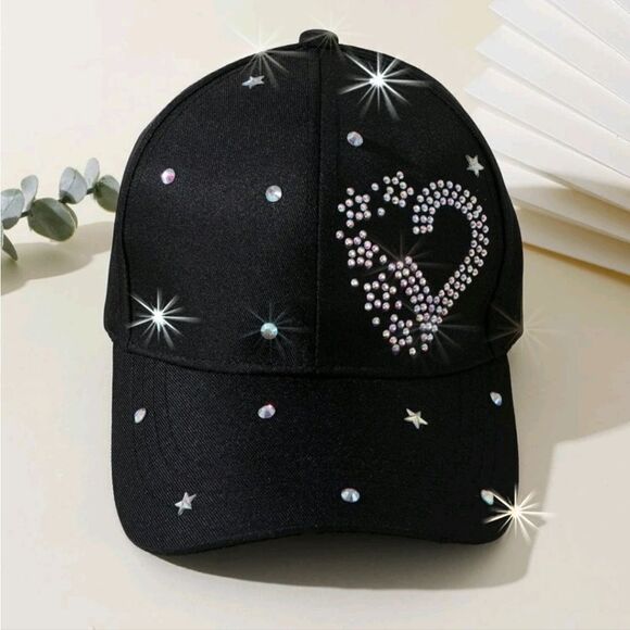 Black Rhinestone Bling Heart and Star Hat Baseball Cap - Picture 1 of 7